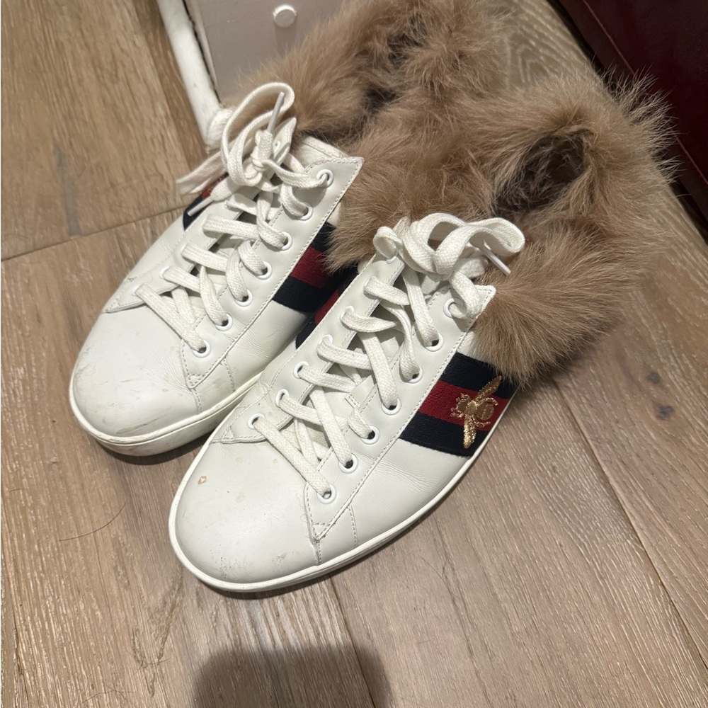 White and Brown Fur-Trimmed Sneakers